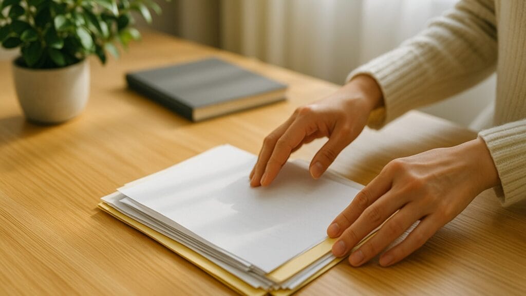 机の上の書類を片づける人の手元。木目のデスクと観葉植物が映る明るい部屋。