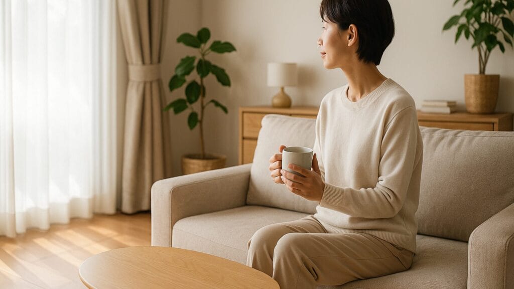 整ったリビングのソファに腰かけ、お茶を飲む人。陽の光が入り、心まで整う空間。