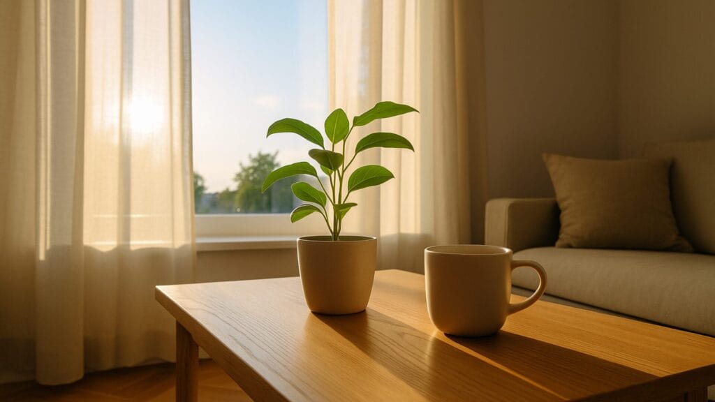 カーテン越しの朝日が差し込む明るいリビング。観葉植物とマグカップが光を受けて輝く穏やかな朝の風景。