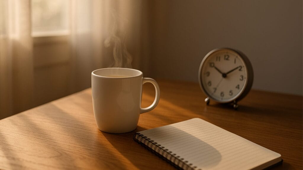 朝の光の中、木のテーブルの上で湯気を立てる白いマグとノート。穏やかな朝の白湯習慣を表す。