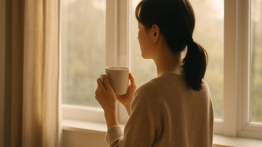 柔らかな朝の光が差し込む窓辺で、白湯を飲む女性の後ろ姿。落ち着いた朝の時間を表現。
