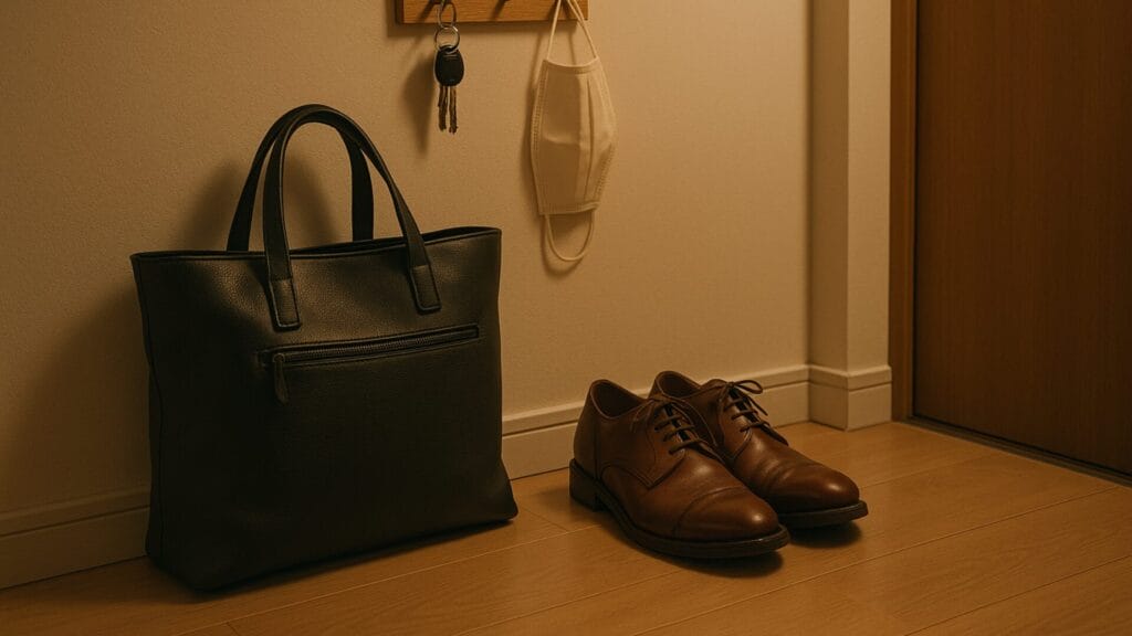 玄関に整えたバッグと靴、フックの鍵。翌朝がラクになる夜の仕込みの様子。