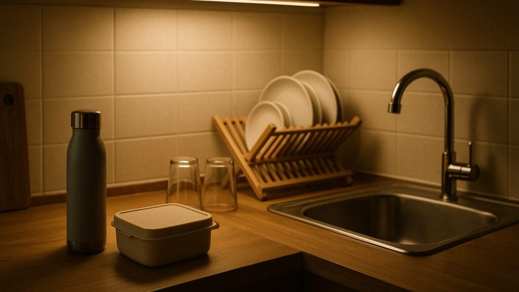 片づいたキッチンに並ぶ翌朝の準備。水筒とお弁当箱が置かれ、落ち着いた夜の仕込み風景。