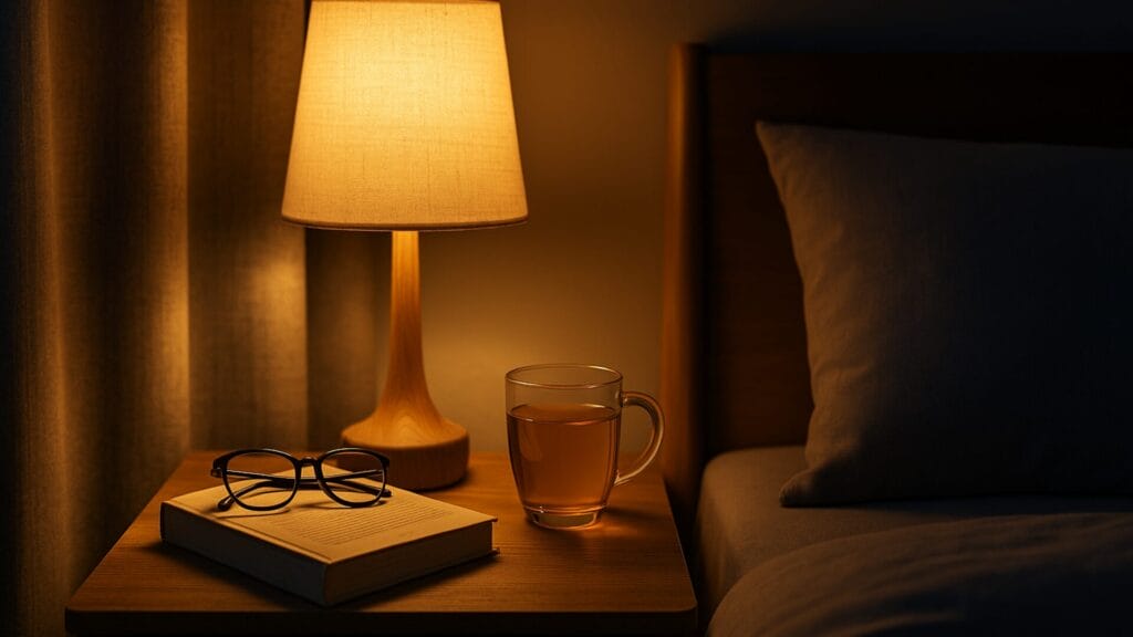 ベッドサイドの灯りと本、ハーブティーが置かれた落ち着いた夜の寝室。静かに眠りへと導く雰囲気。