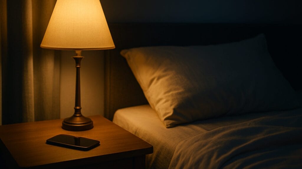 寝る前にスマホを伏せ、柔らかな灯りに包まれる夜のベッドサイド。