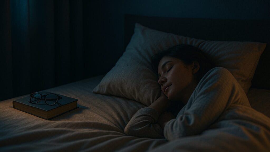 スマホを手放して穏やかに眠る人の夜の寝室風景。