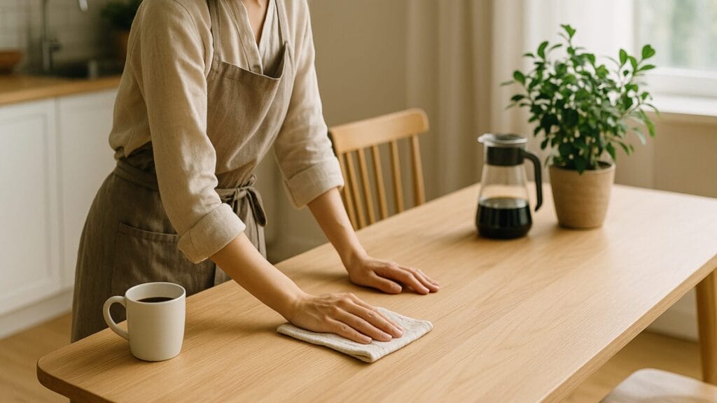 朝の光が差し込むキッチンで、テーブルを拭く人の手元。木目のテーブルと観葉植物が並ぶ、清潔で穏やかな朝の家事風景。