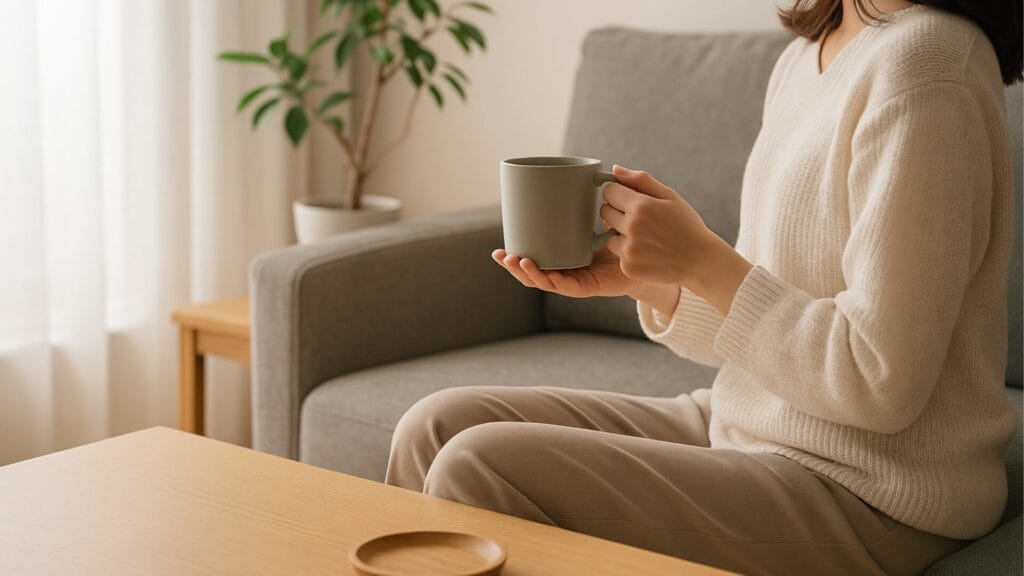片づいた明るいリビングで、ソファに座ってお茶を飲む人の手元。カーテン越しの光と観葉植物が穏やかな空間をつくり、7分家事のあとの落ち着きを表現。