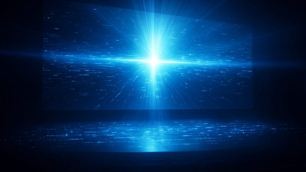 青と白の光が交差するスクリーン空間。AIと映画の創作が融合する未来的な雰囲気を表現した背景。