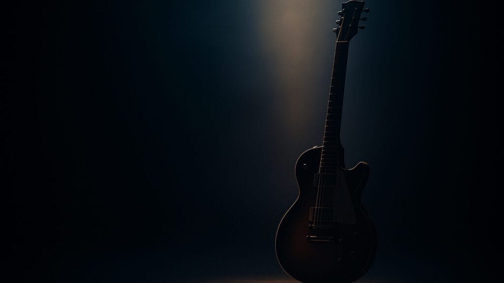 ステージ上に置かれたギターを背後のライトが照らす。静けさと余韻が残る、エース・フレーリーへの追悼を象徴するイメージ。