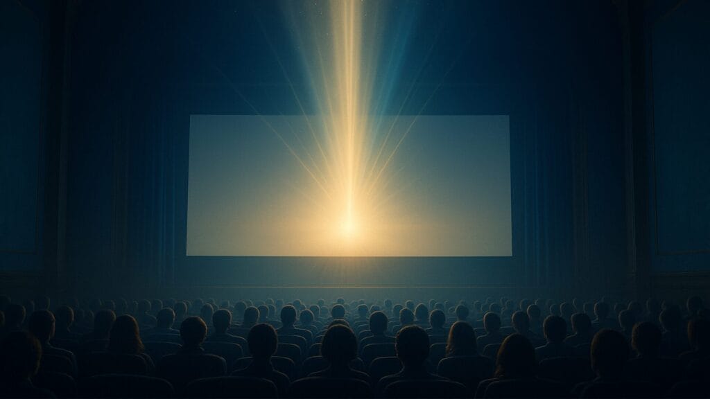 スクリーンから空へと広がる青と金の光。映画館が“文化装置”として進化し続ける未来を象徴するシネマティック背景。