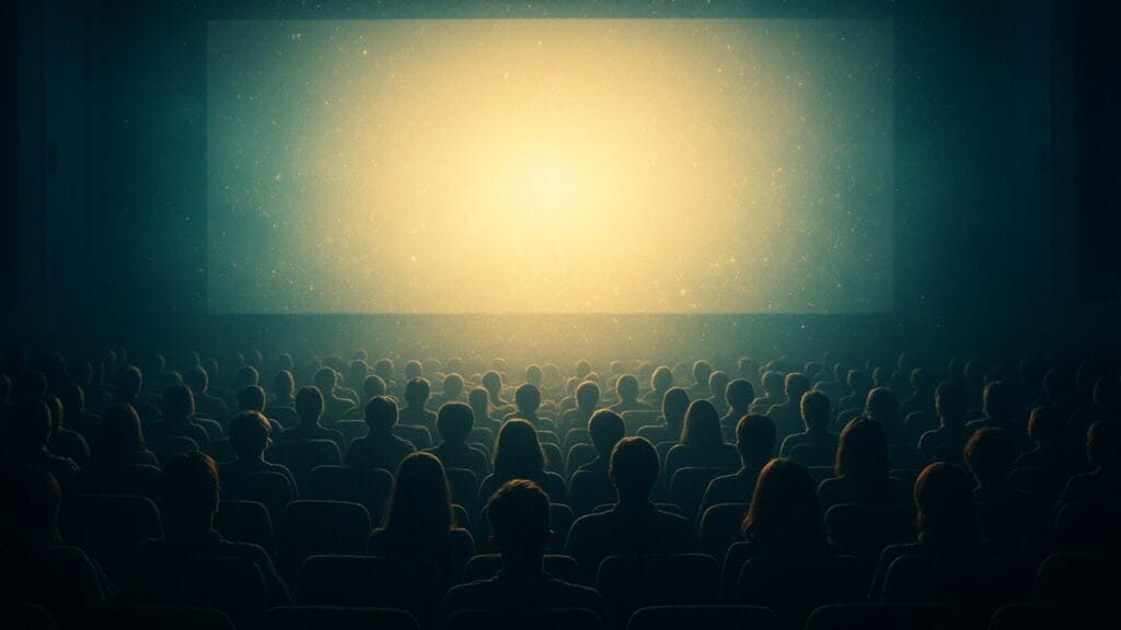 スクリーンの光に包まれる観客のシルエット。映画館が持つ五感の没入体験を象徴する幻想的な背景。