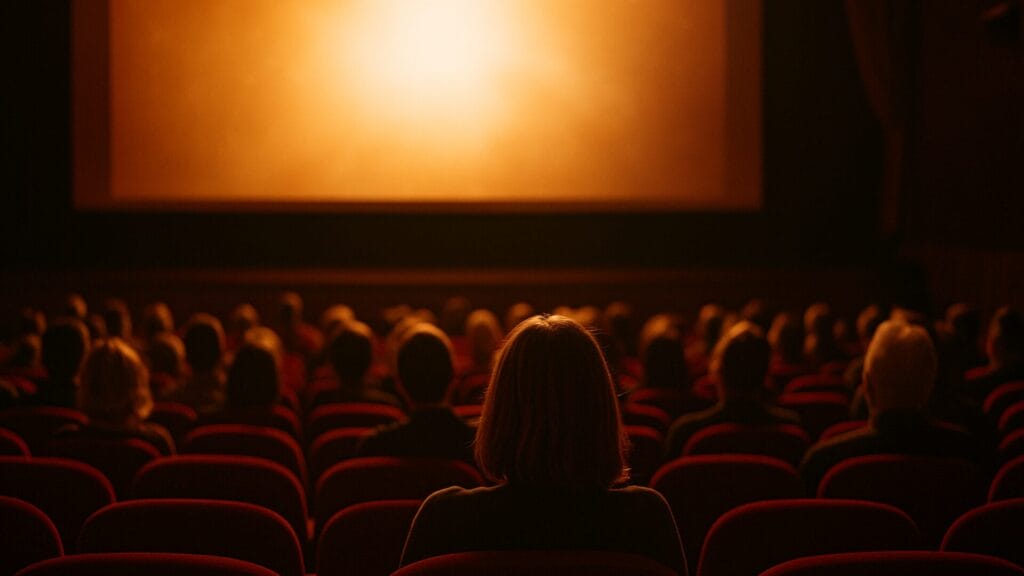 暖色の光に包まれた映画館で、観客がスクリーンを静かに見つめている様子。映画を観るという体験の臨場感と感動を表現したイメージ。