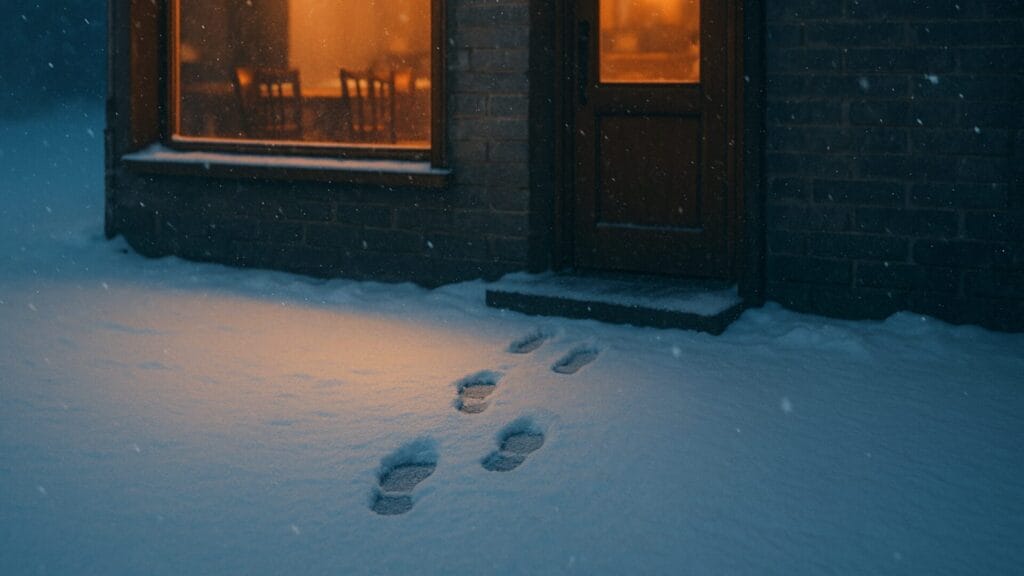 雪の舞う札幌の喫茶店前。窓越しに温かな光が漏れ、外には再会を予感させる二人の足跡が残る情景。