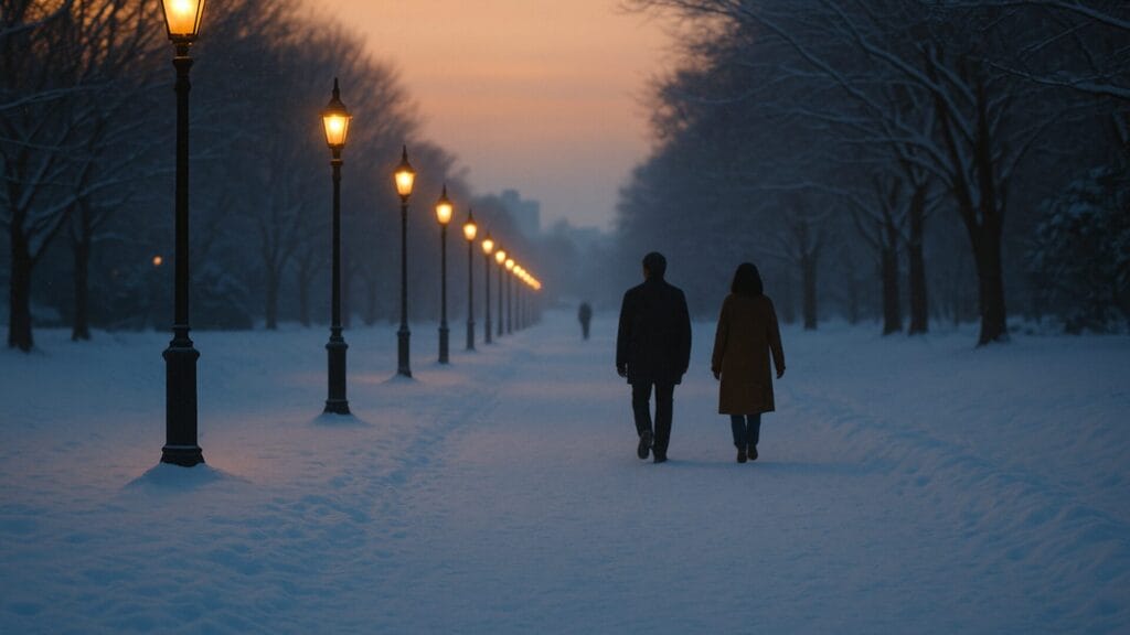 雪に包まれた札幌の夕暮れ。街灯が灯る道を、男女のシルエットが別々の方向へ歩き出す静かなラストシーンを思わせる情景。