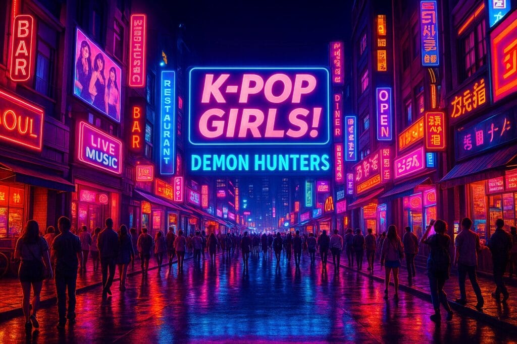 ネオン街の夜景。『KPOPガールズ! デーモン・ハンターズ』のファンタジー感を演出するイメージ