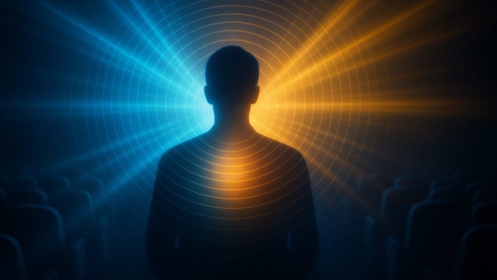 青と金の光が観客を包み込み、映画の感情が心に波紋のように広がる様子を表現した幻想的な映画館のイメージ。