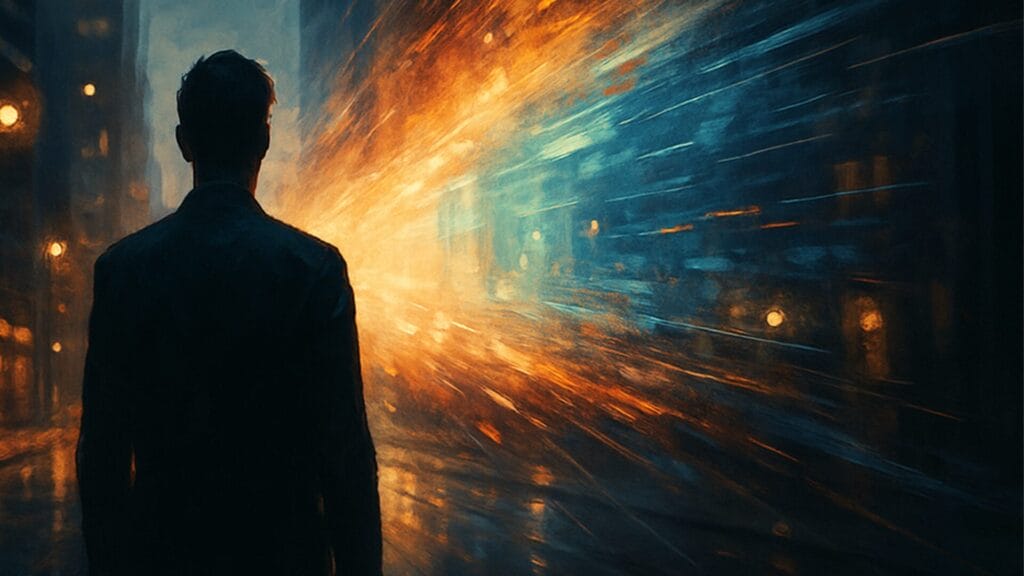 青と金の光が街の中で融合し、現実と映画世界の境界が消えていく様子を表現した幻想的な構図。物語の余韻と未来への希望を感じさせるイメージ。