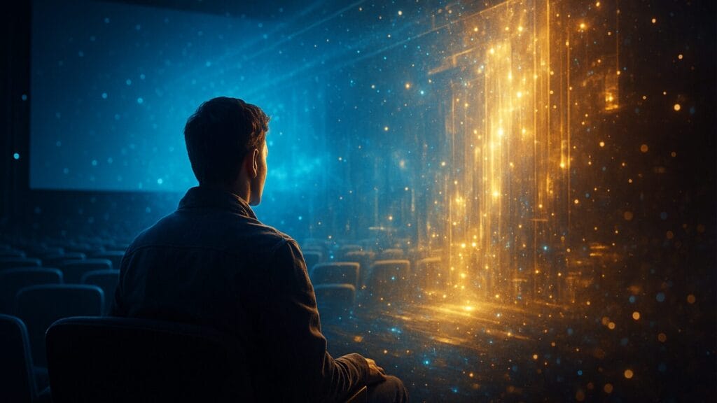 AR・VRの映像世界と現実の映画館が重なり、観客がスクリーンの中へ没入していくような幻想的な構図。
