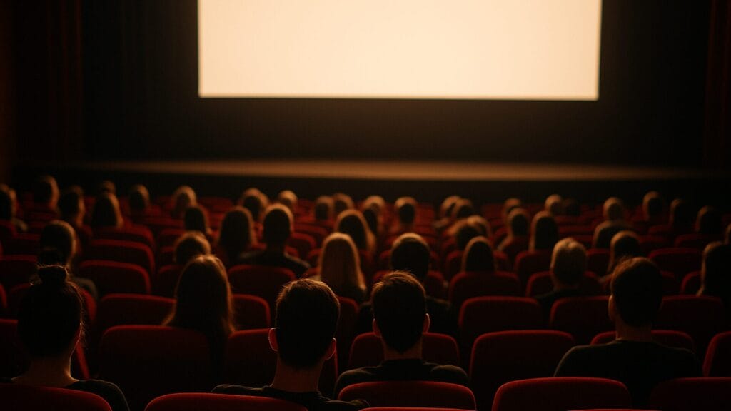 赤い座席の映画館で観客がスクリーンに集中している様子。暖色の照明が映し出す、映画館ならではの臨場感と没入感を表現したイメージ。