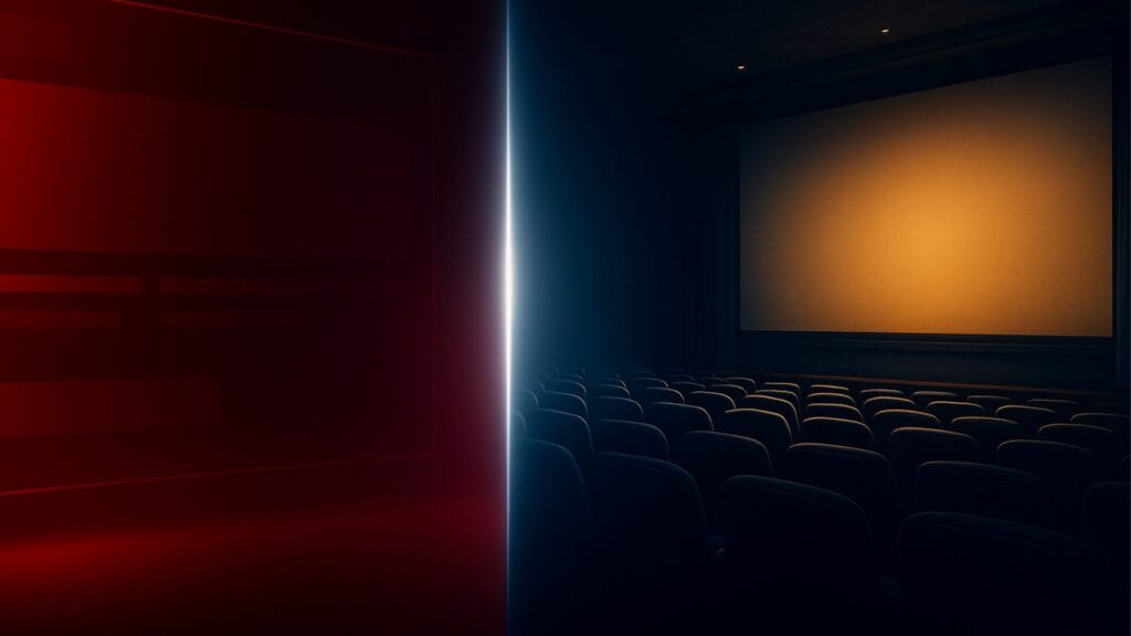 左に赤いトーンのデジタル配信を象徴する背景、右に青い映画館のスクリーンを思わせる雰囲気。中央の光が2つの映画戦略の違いを象徴するシネマティックな比較イメージ。