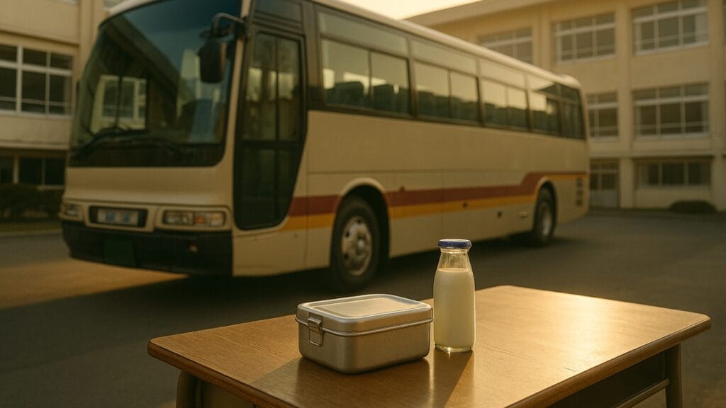 朝の学校前に停まる修学旅行バス。机の上にはアルミ弁当箱と牛乳瓶が置かれ、出発前の静かな時間が流れる。