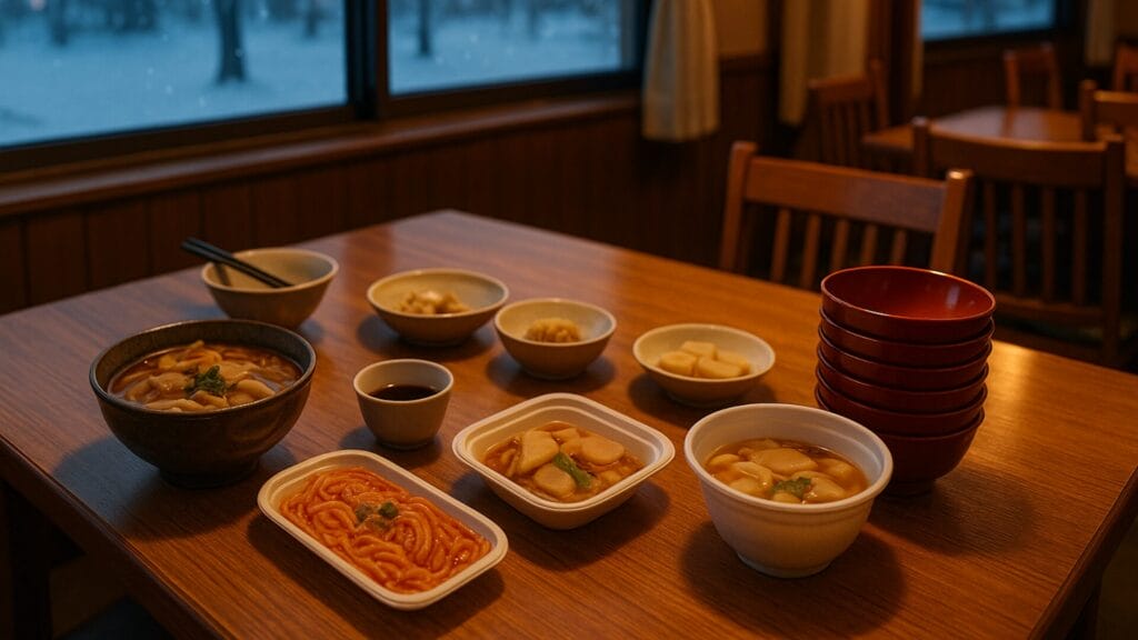 旅館の食堂でテーブルに並ぶ郷土料理。わんこそばやせんべい汁を囲みながら、旅の終わりを感じる温かな情景。