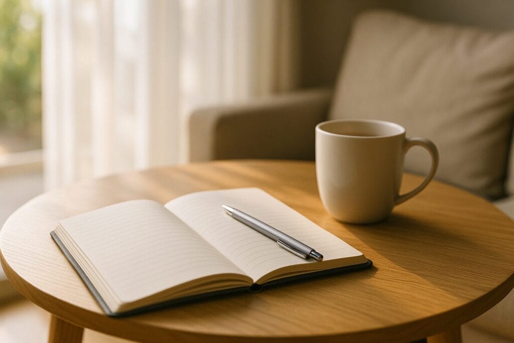 木のテーブルに手帳とマグカップが置かれ、朝の光が差し込む静かなリビング。週末に暮らしを整えるひとときを表す。